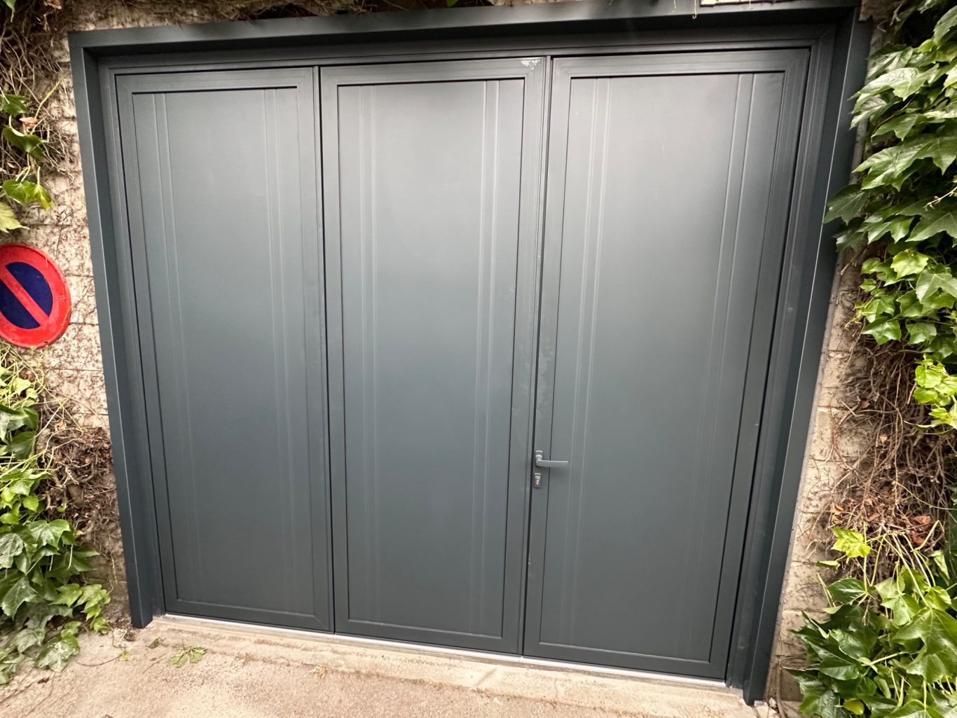 Porte de garage grise, avec des motifs en panneaux, entourée de verdure.