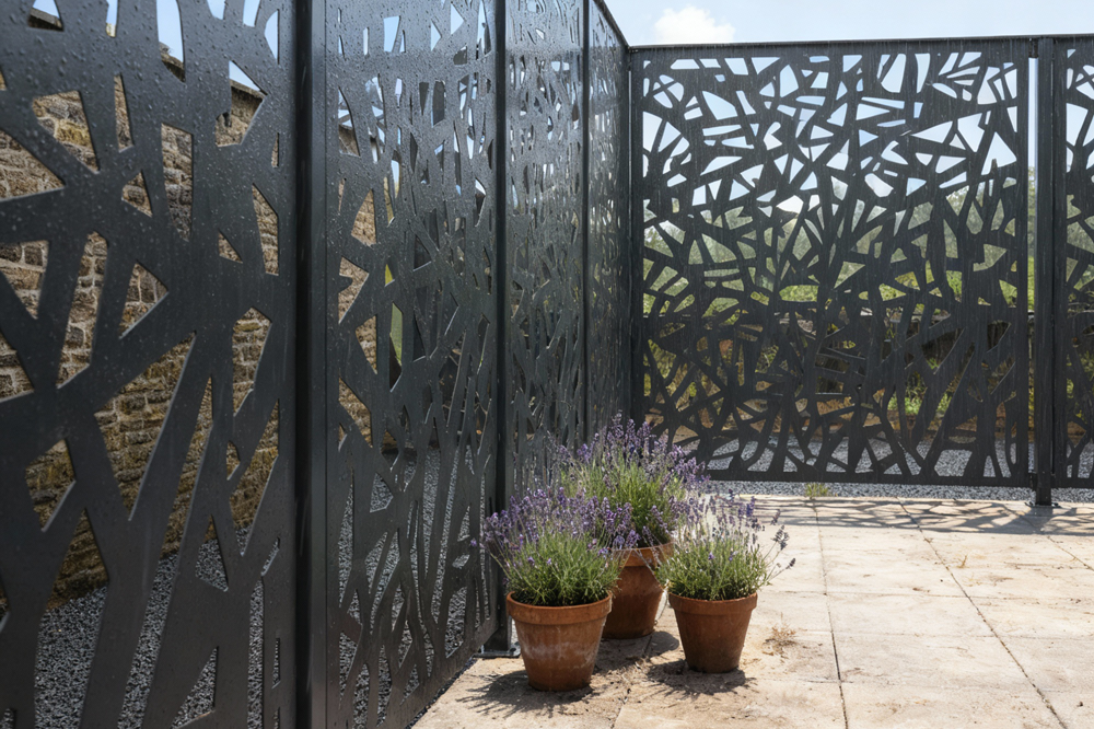 Mur décoratif en métal avec motifs abstraits et pots de fleurs à l'avant.