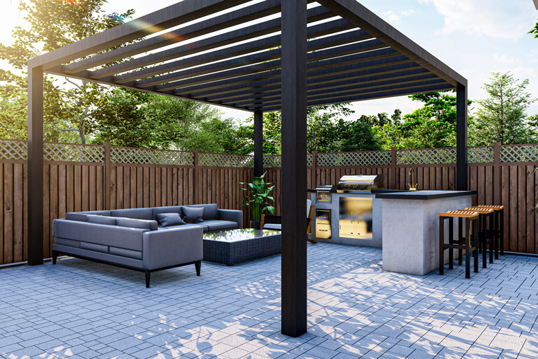 Pergola moderne avec terrasse couverte, mobilier et plantes.